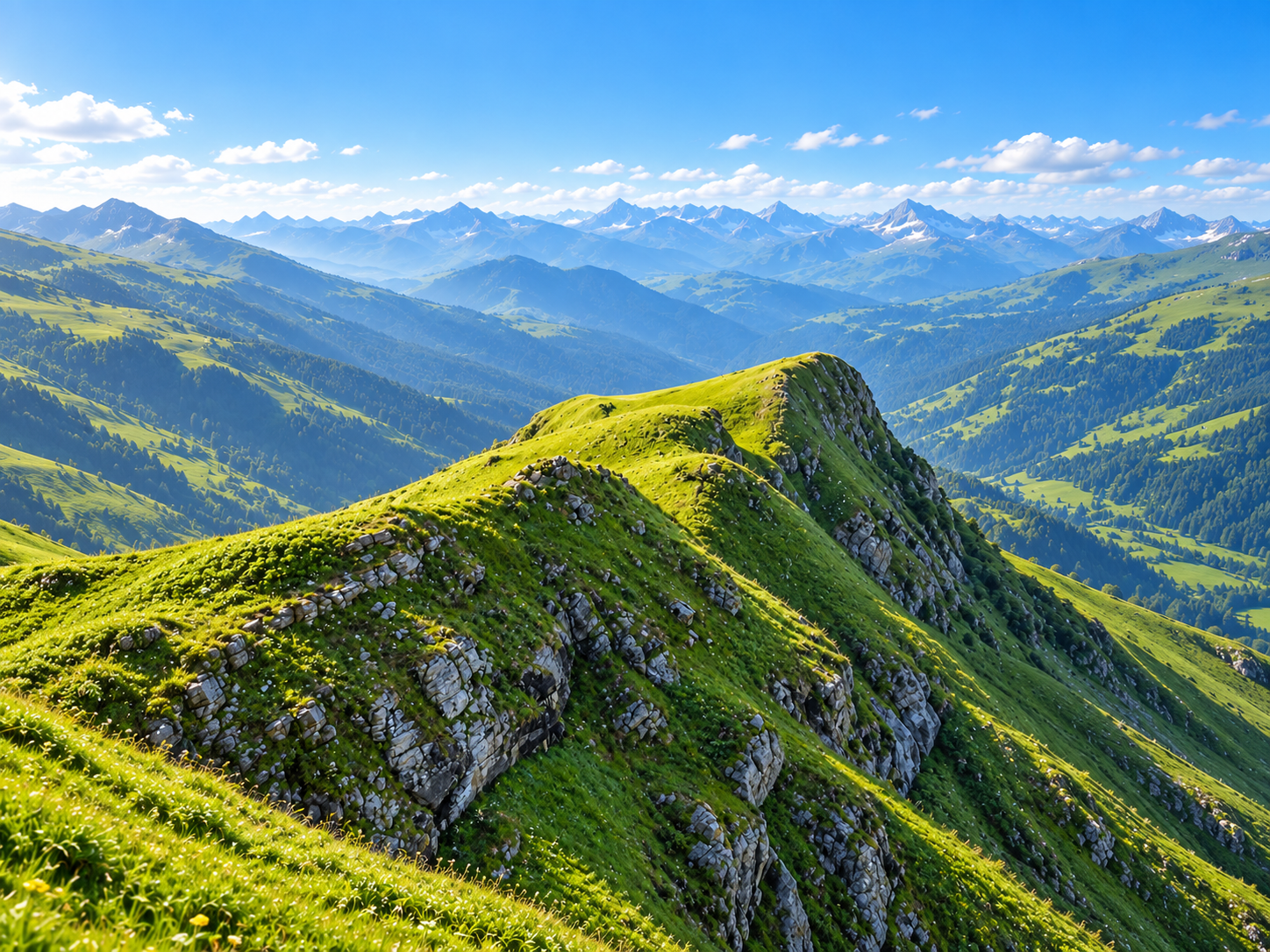 A grassy ridge descending into a hazy alpine valley, distant snow peaks on the horizon